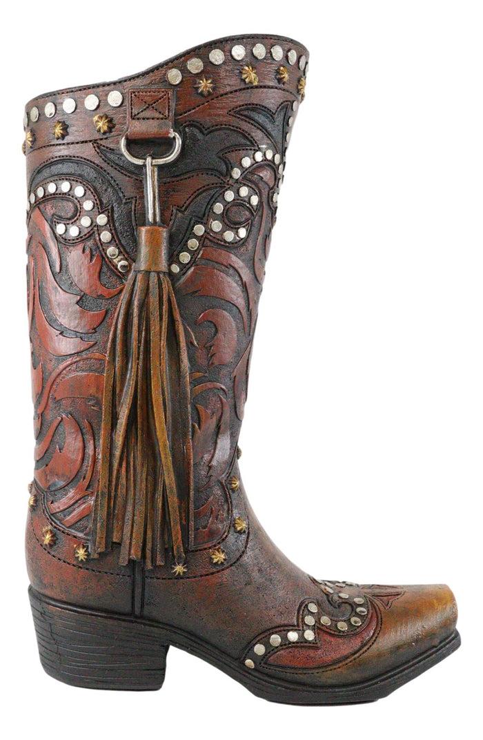 Rustic Western Tooled Leather Lace Studded Boot Floral Vase With Tassel Frill