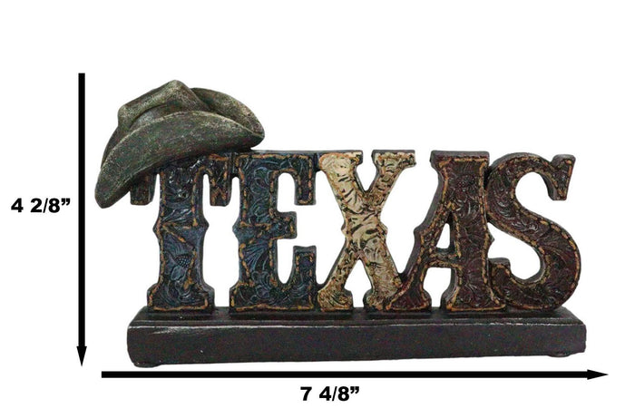 Rustic Western Tooled Leather Texas Word Cowboy Hat Desktop Plaque Figurine