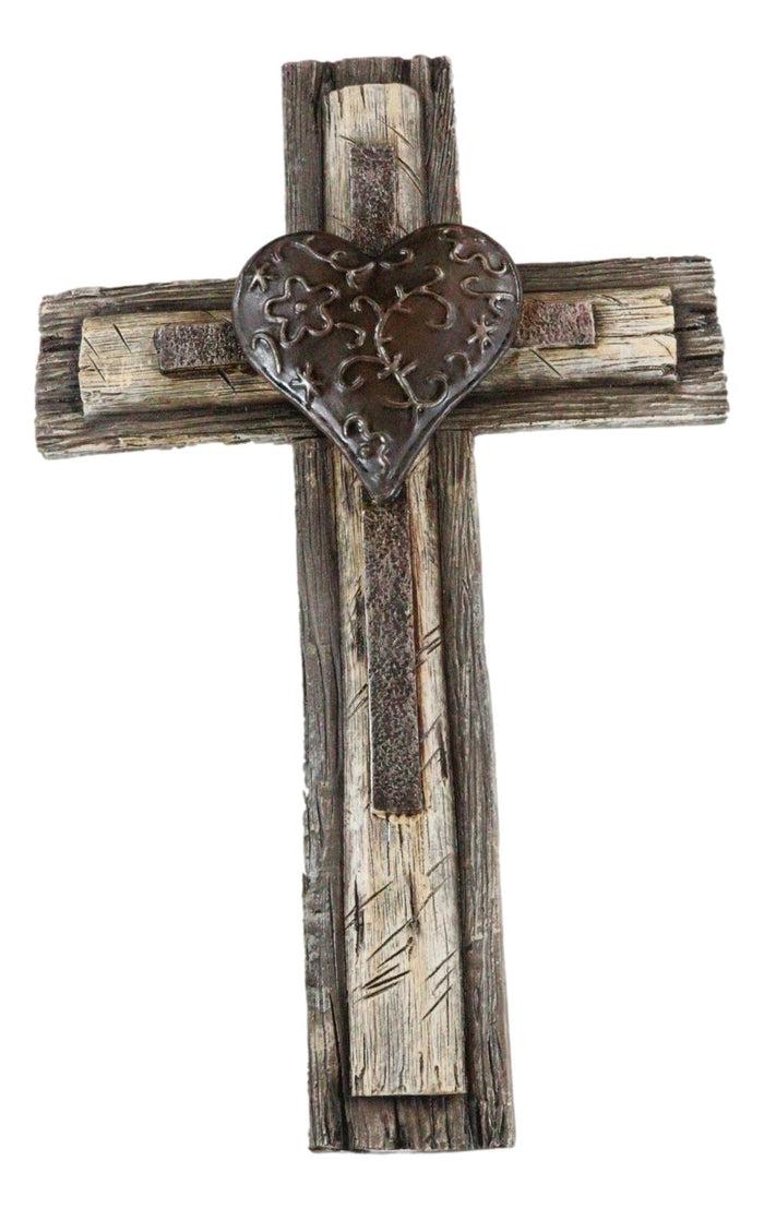 Rustic Western Tooled Metal Heart Faux Wooden Layered Wall Cross Decor Plaque