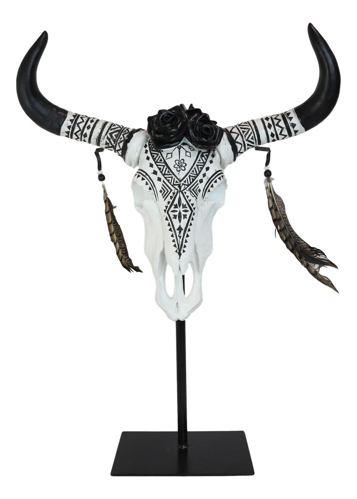 Rustic Western Tribal Tattoo Black Roses Longhorn Cow Skull Desktop Plaque