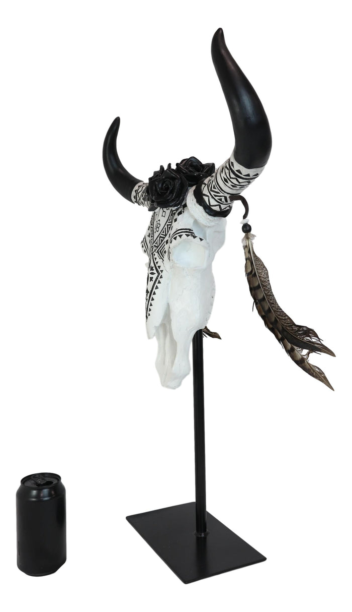 Rustic Western Tribal Tattoo Black Roses Longhorn Cow Skull Desktop Plaque