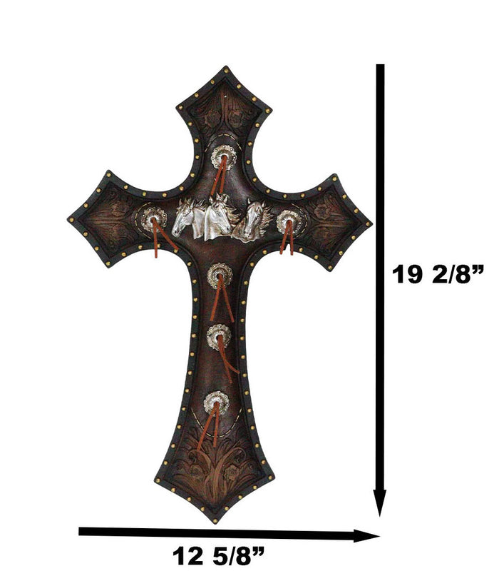 Rustic Western Triple Silver Mustang Horses Faux Tooled Leather Wall Cross 19"H