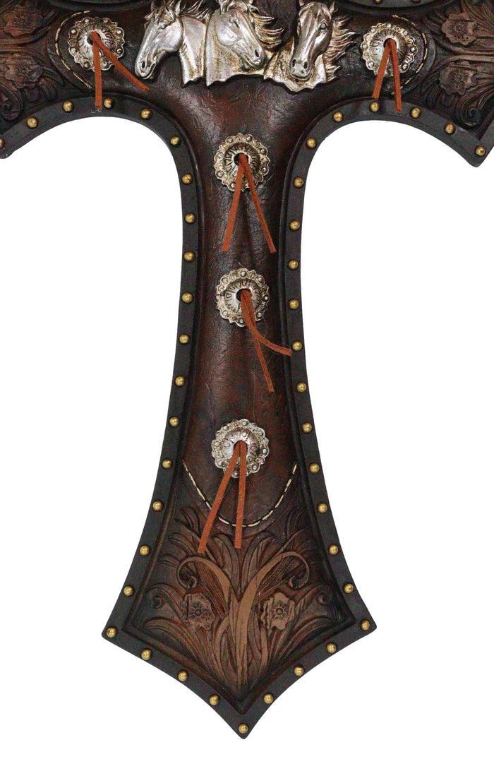 Rustic Western Triple Silver Mustang Horses Faux Tooled Leather Wall Cross 19"H