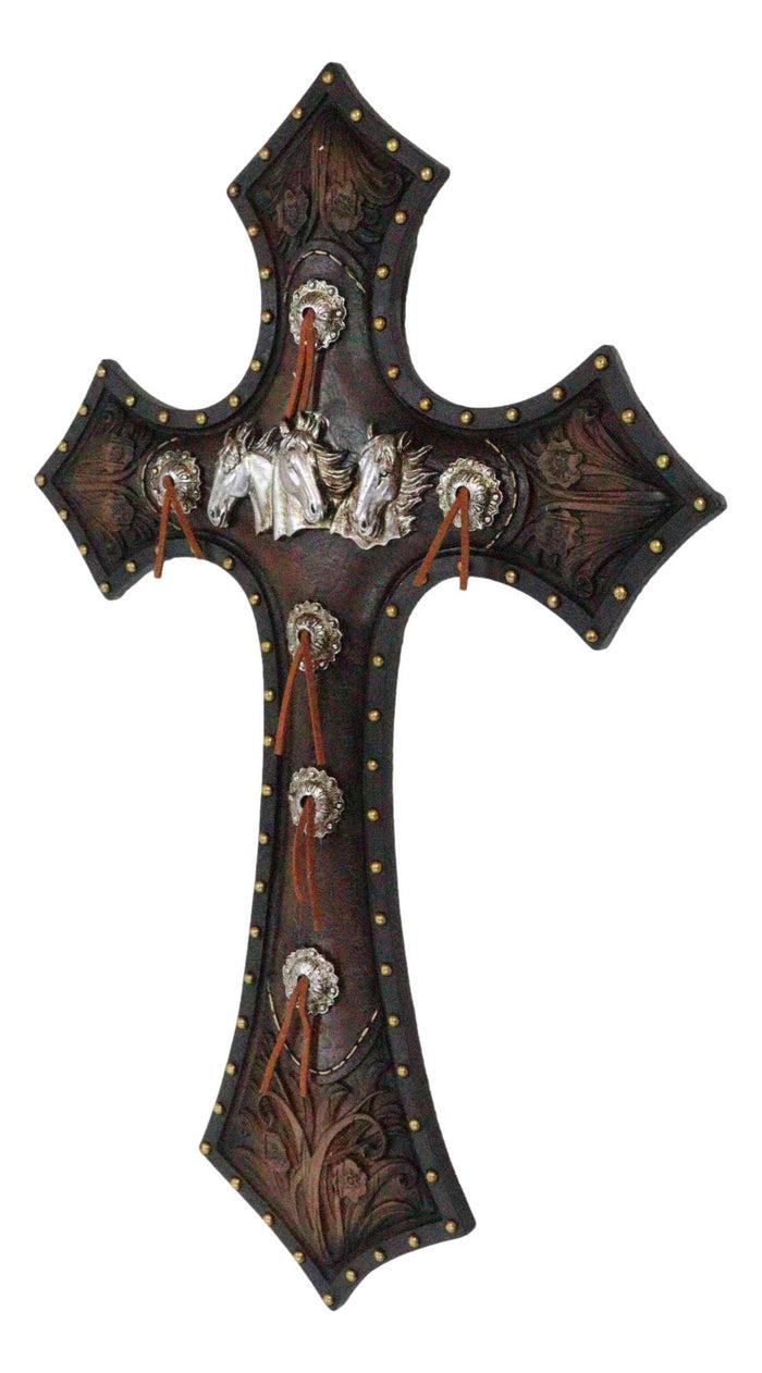 Rustic Western Triple Silver Mustang Horses Faux Tooled Leather Wall Cross 19"H