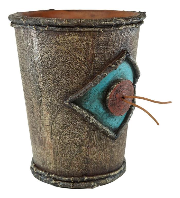 Rustic Western Turquoise Bullseye Faux Branchwood Wood Waste Basket Trash Bin