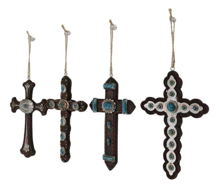 Rustic Western Turquoise Faux Leather Crosses Set Of 4 Christmas Tree Ornaments