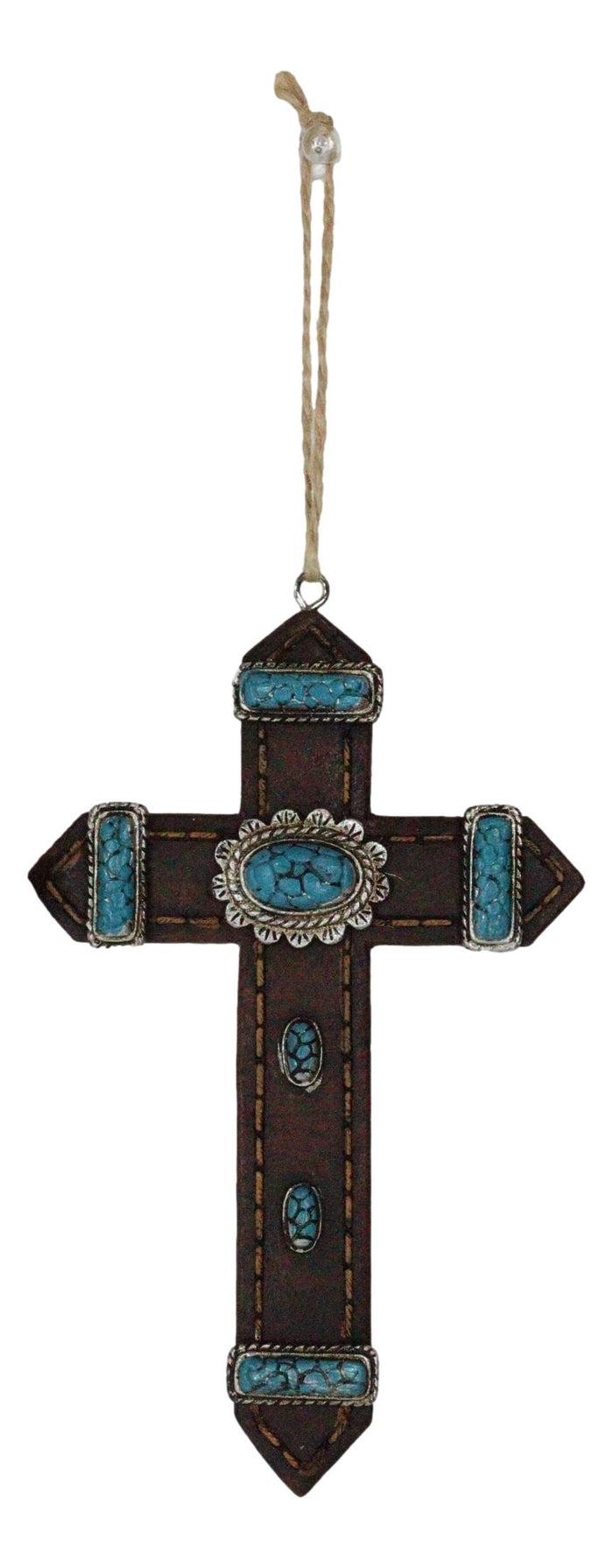 Rustic Western Turquoise Faux Leather Crosses Set Of 4 Christmas Tree Ornaments