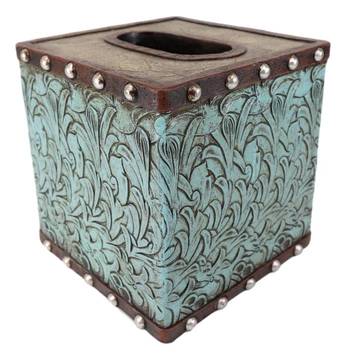 Rustic Western Turquoise Floral Scroll Faux Leather Tissue Box Holder Cover Case
