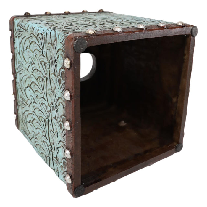 Rustic Western Turquoise Floral Scroll Faux Leather Tissue Box Holder Cover Case