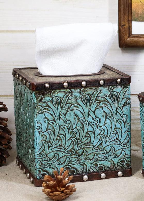 Rustic Western Turquoise Floral Scroll Faux Leather Tissue Box Holder Cover Case