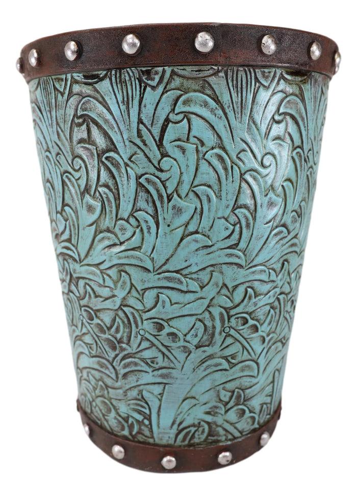 Rustic Western Turquoise Floral Scroll Faux Leather Dry Waste Basket Trash Bin