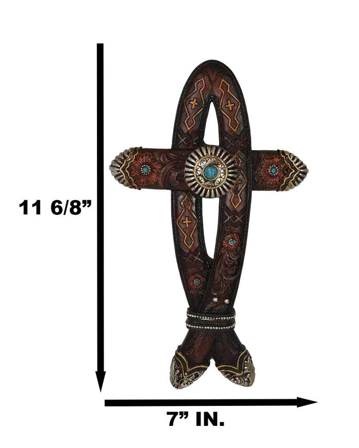 Rustic Western Turquoise Gem Concho Tooled Leather Belt Ichthys Fish Wall Cross