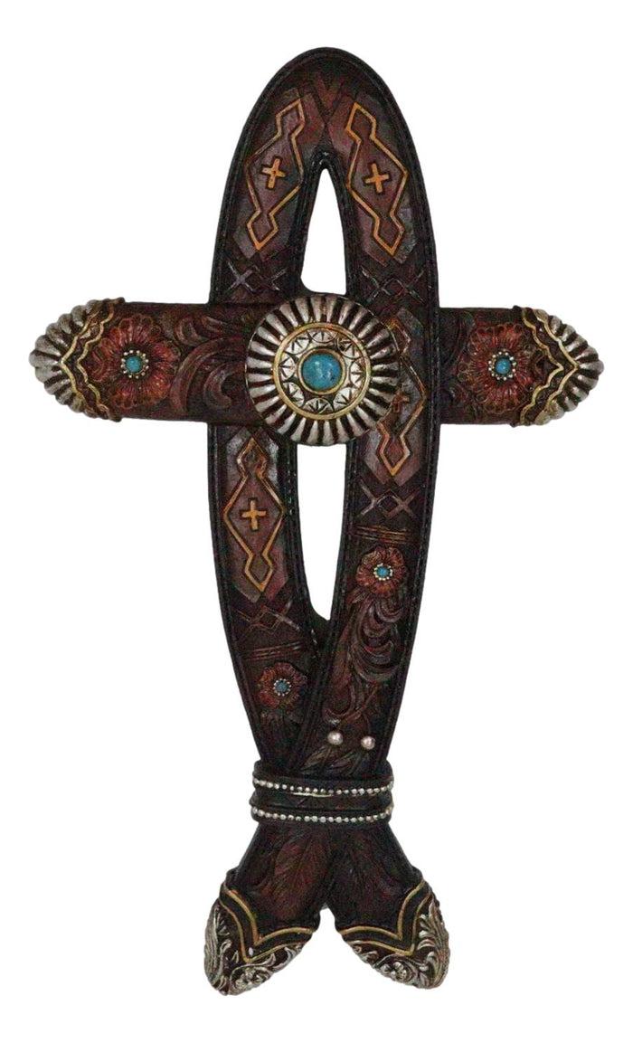 Rustic Western Turquoise Gem Concho Tooled Leather Belt Ichthys Fish Wall Cross
