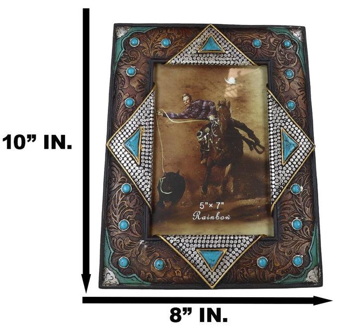 Rustic Western Turquoise Gems Silver Nails Faux Leather 5X7 Picture Photo Frame