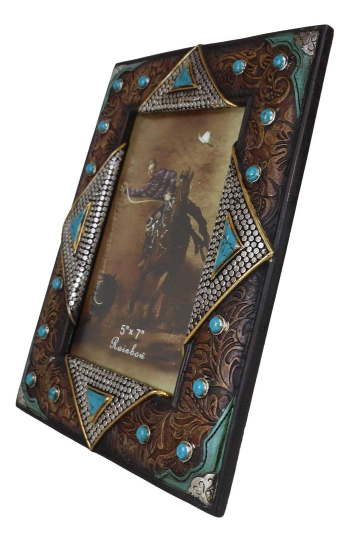 Rustic Western Turquoise Gems Silver Nails Faux Leather 5X7 Picture Photo Frame