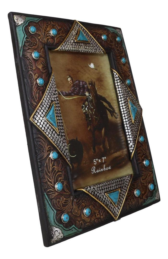 Rustic Western Turquoise Gems Silver Nails Faux Leather 5X7 Picture Photo Frame