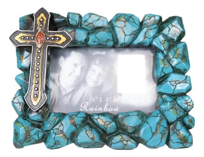 Rustic Western Turquoise Rock Stones With Vintage Cross Photo Picture Frame
