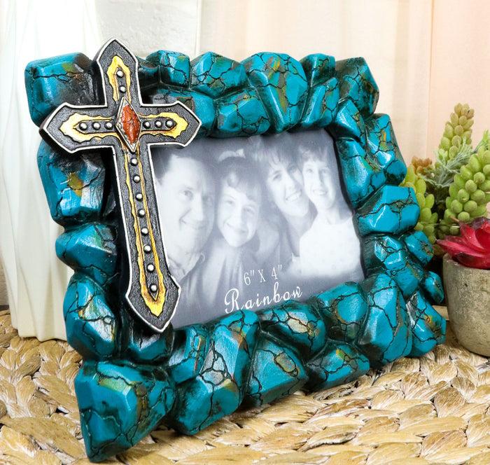 Rustic Western Turquoise Rock Stones With Vintage Cross Photo Picture Frame