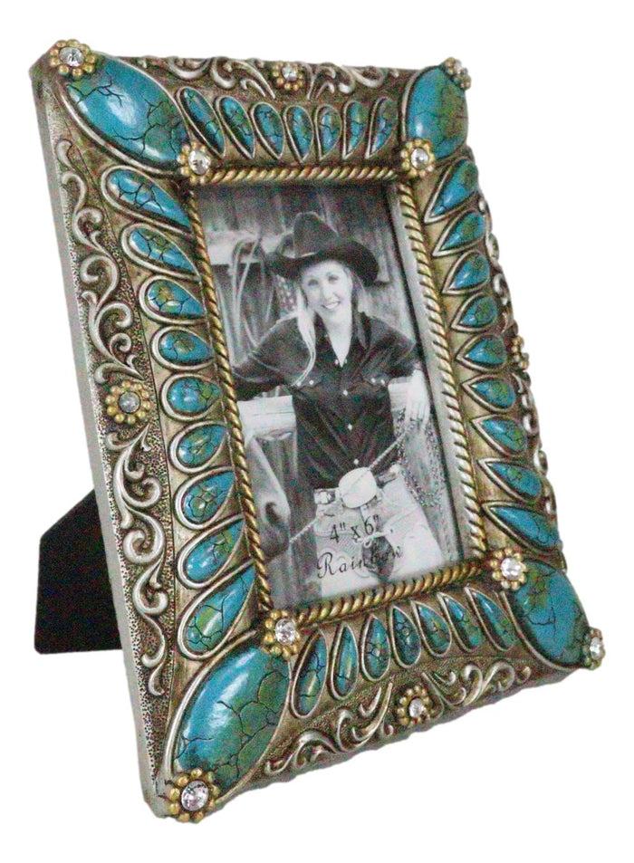 Rustic Western Turquoise Teardrop Gems Scrollwork Patterns 6X4 Picture Frame