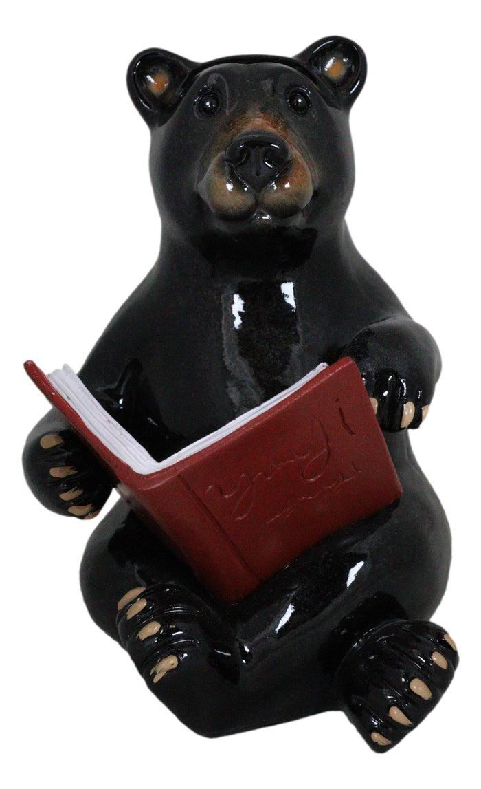 Rustic Western Whimsical Forest Black Bear Sitting And Reading A Book Figurine
