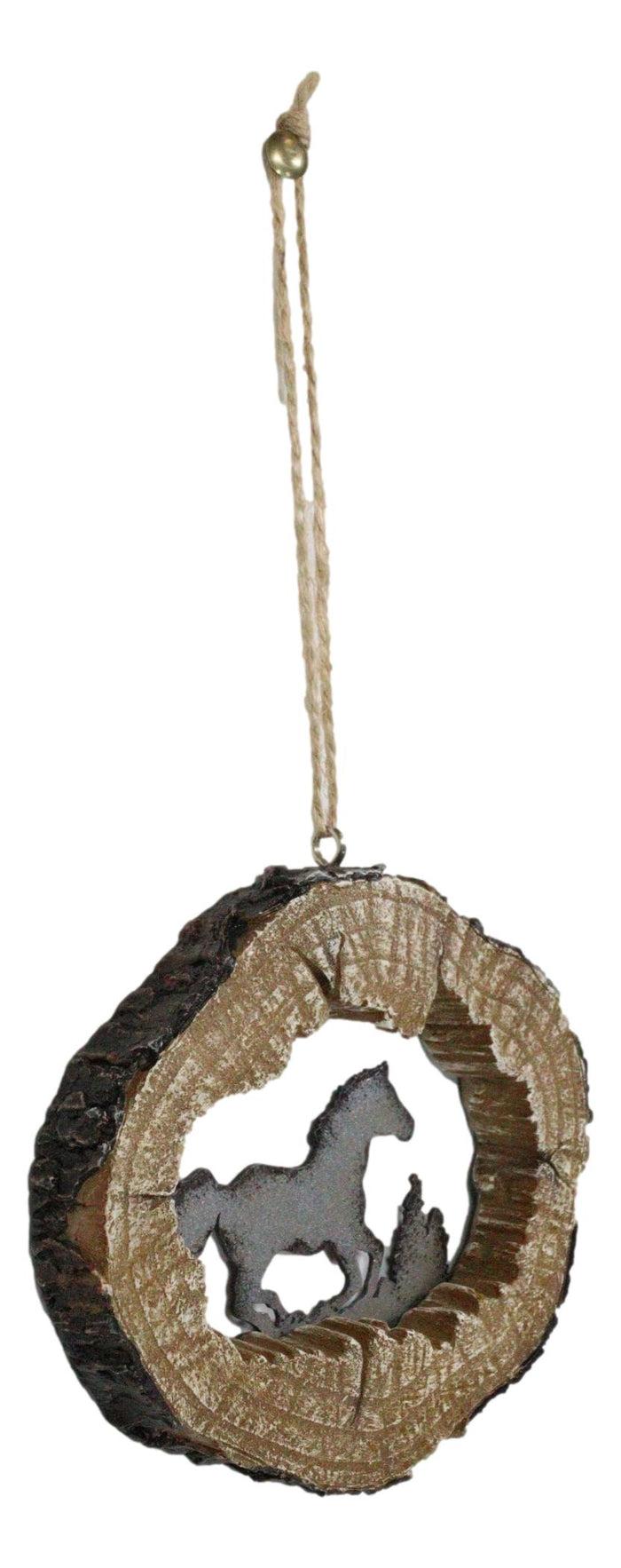 Rustic Western Wild Horse Faux Wood Log Slice Set Of 4 Christmas Tree Ornaments