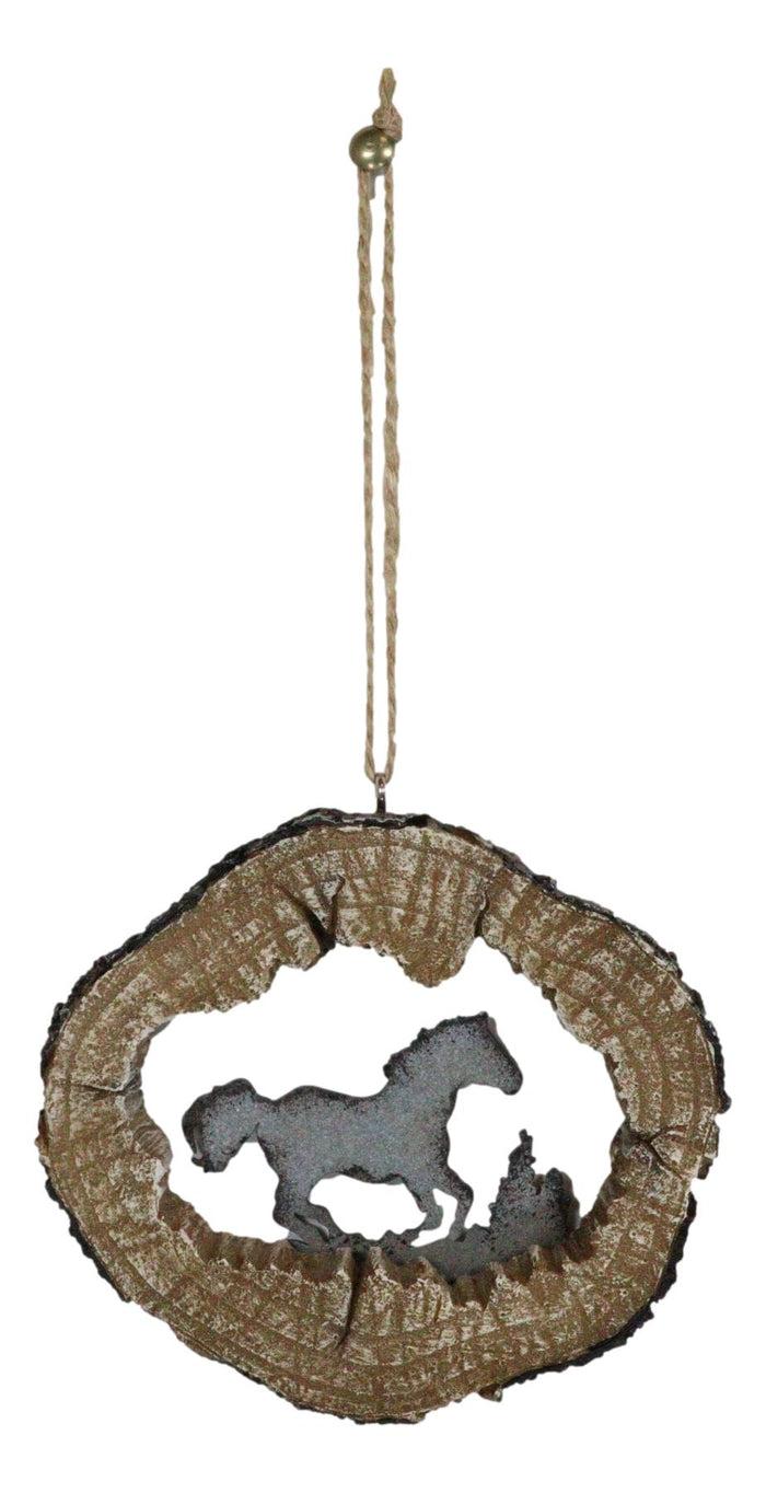 Rustic Western Wild Horse Faux Wood Log Slice Set Of 4 Christmas Tree Ornaments