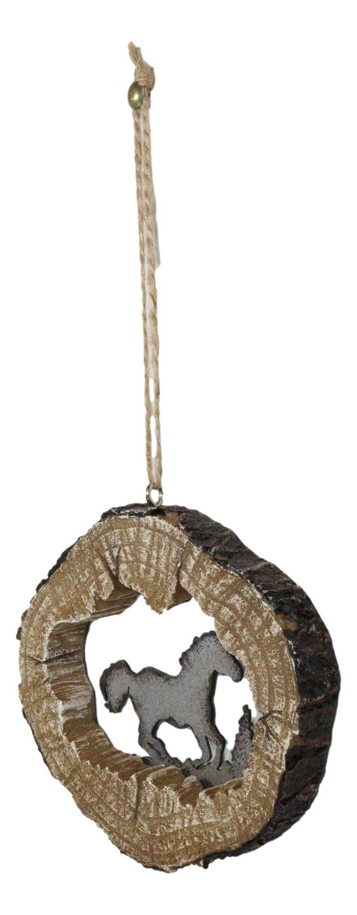 Rustic Western Wild Horse Faux Wood Log Slice Set Of 4 Christmas Tree Ornaments
