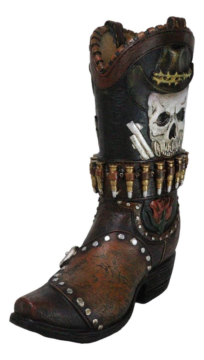 Rustic Western Wild West Skull With Dual Pistols Bullets Cowboy Boot Vase Holder
