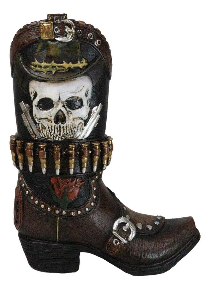 Rustic Western Wild West Skull With Dual Pistols Bullets Cowboy Boot Vase Holder