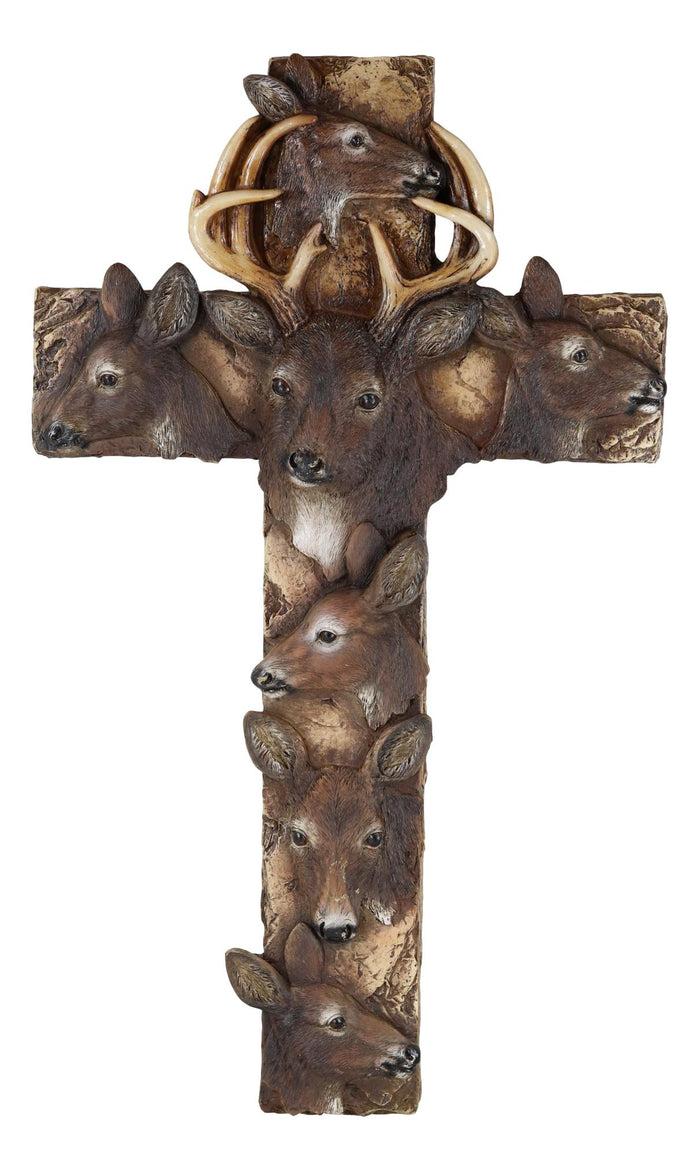 Rustic Western Wildlife Deer Stag With Antlers And Does Family Wall Cross Plaque