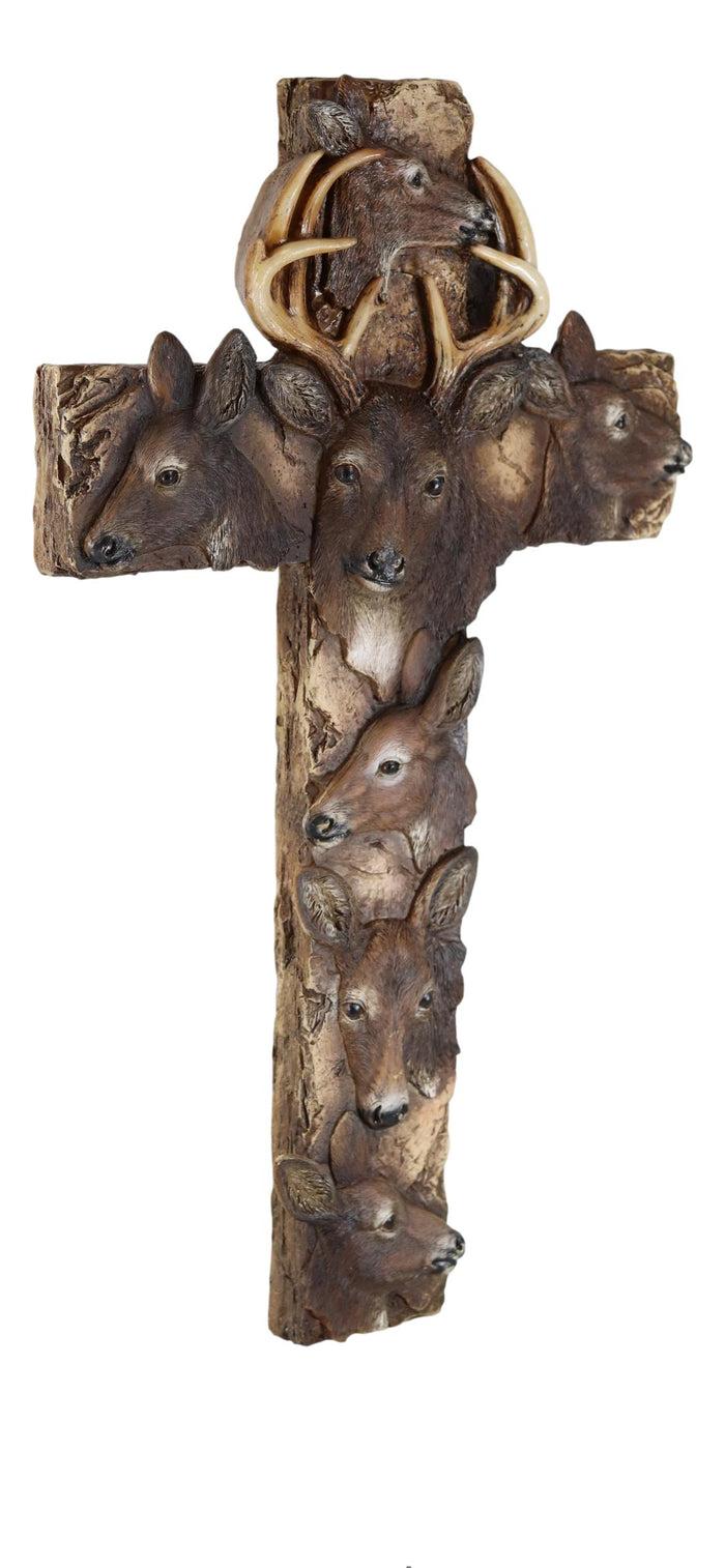 Rustic Western Wildlife Deer Stag With Antlers And Does Family Wall Cross Plaque