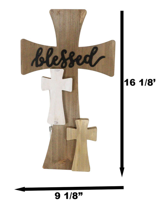 Rustic Western Wooden Blessed 3 Layered Multi Colored Wall Cross Decor Plaque