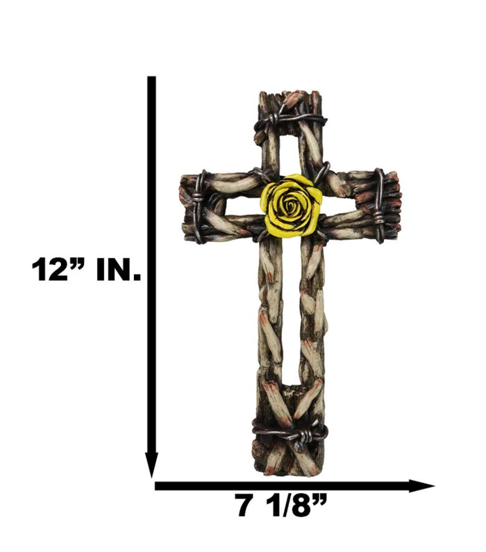 Rustic Western Yellow Rose With Distressed Faux Wood And Barbed Wires Wall Cross