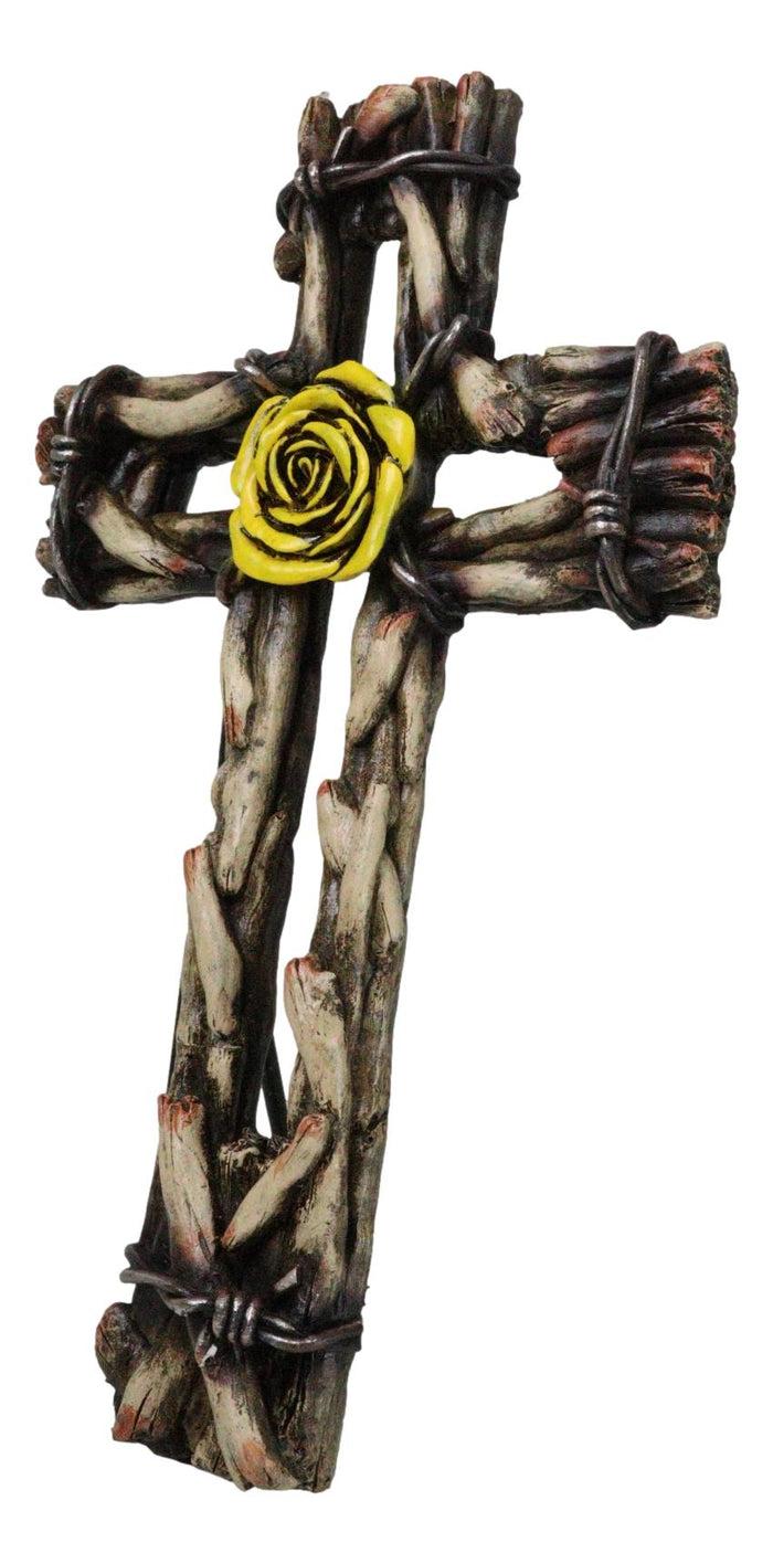Rustic Western Yellow Rose With Distressed Faux Wood And Barbed Wires Wall Cross