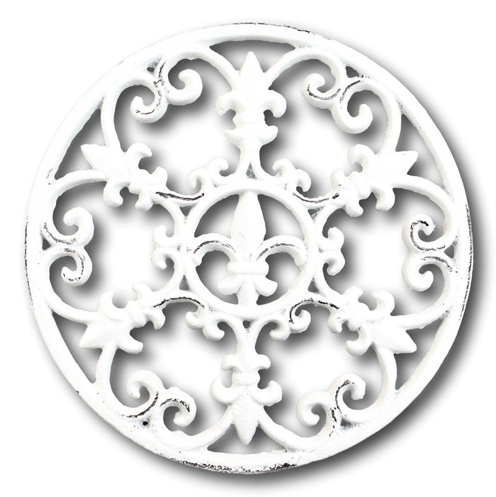 Rustic White Fleur De Lis Medallion In Snowflake Scroll Design Cast Iron Trivet