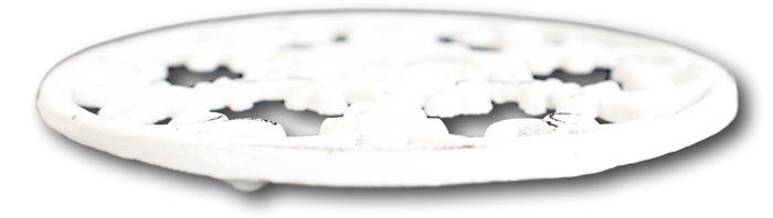 Rustic White Fleur De Lis Medallion In Snowflake Scroll Design Cast Iron Trivet