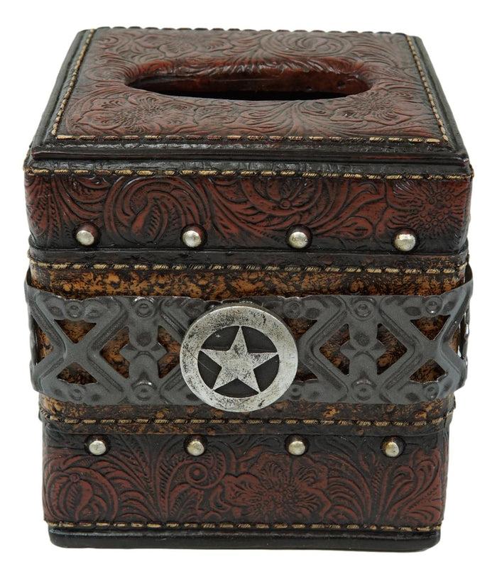 Rustic Wild Cowboy Western Star Faux Tooled Leather Bathroom Tissue Box Cover