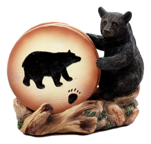 Rustic Woodlands Black Bear Paw Coaster Set 4 Round Coasters Figurine Holder 4"H