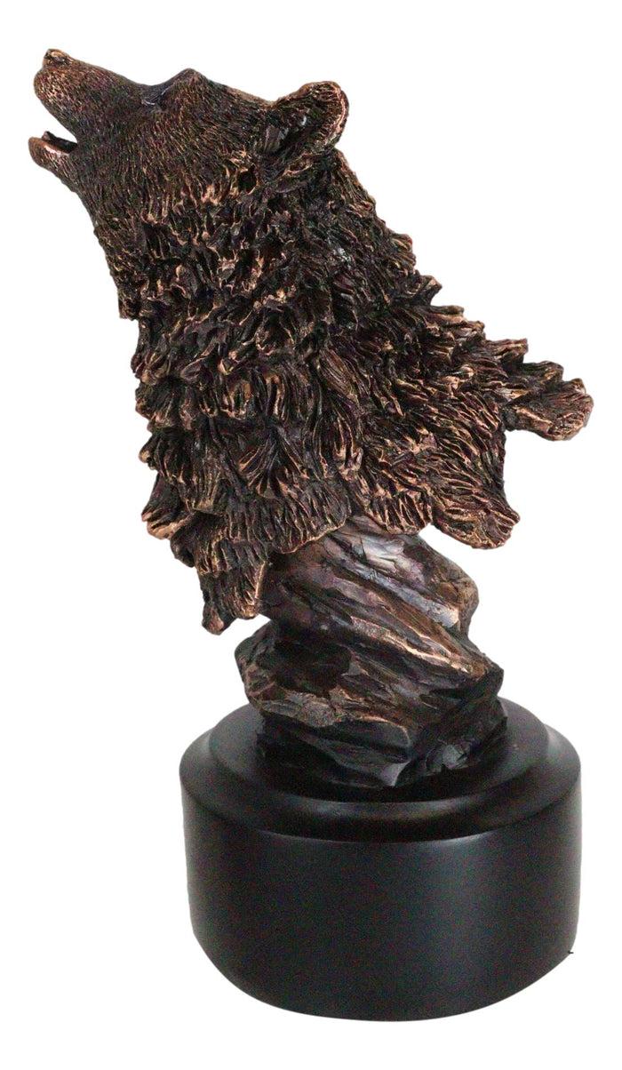 Rustic Woodlands Howling Alpha Wolf Head Bust Bronzed Resin Figurine With Base