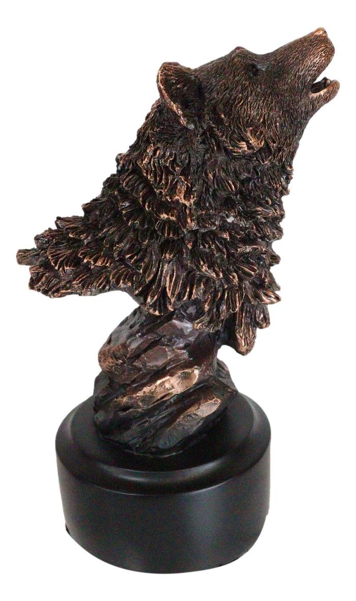 Rustic Woodlands Howling Alpha Wolf Head Bust Bronzed Resin Figurine With Base