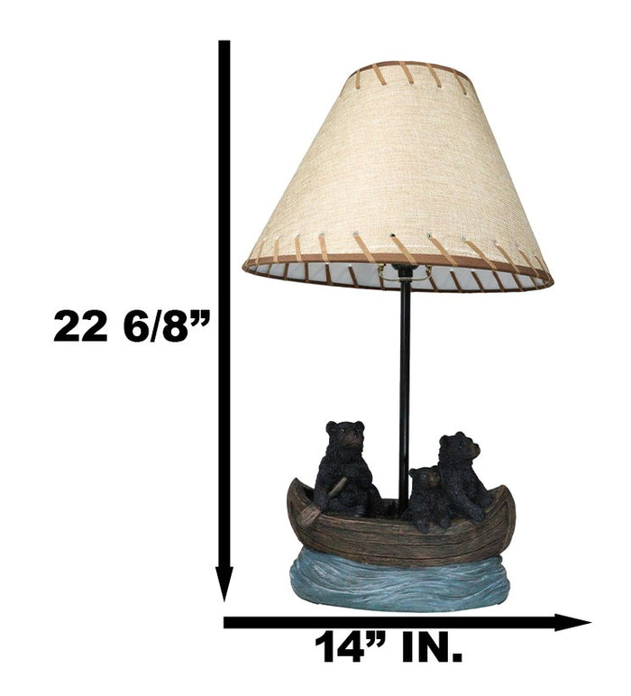 Rustic Woody Forest River Run Black Bears With Cub Rowing Canoe Boat Table Lamp