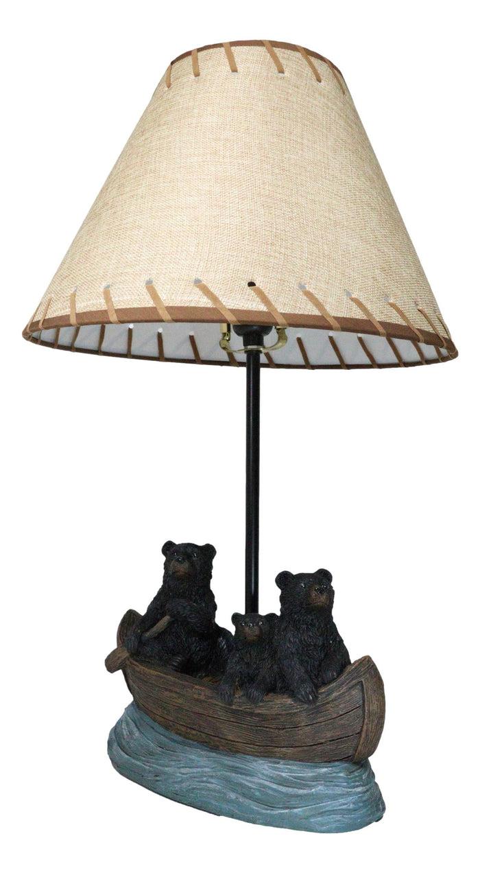 Rustic Woody Forest River Run Black Bears With Cub Rowing Canoe Boat Table Lamp