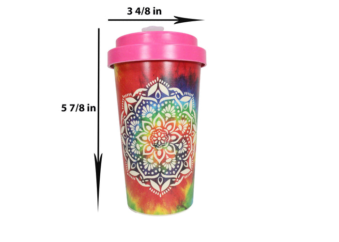 Sacred Rainbow Tie Dye Mandala Flower Reusable Travel Mug Cup W/ Lid And Sleeve
