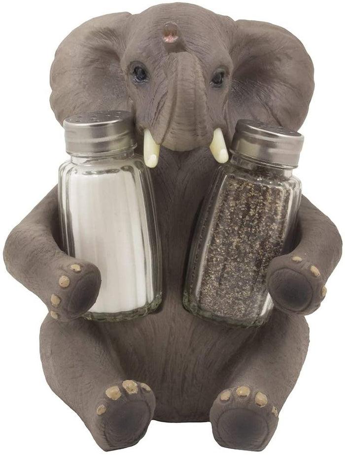 Safari Elephant Pachyderm Wine Bottle & Salt Pepper Shakers Holder Figurine Set