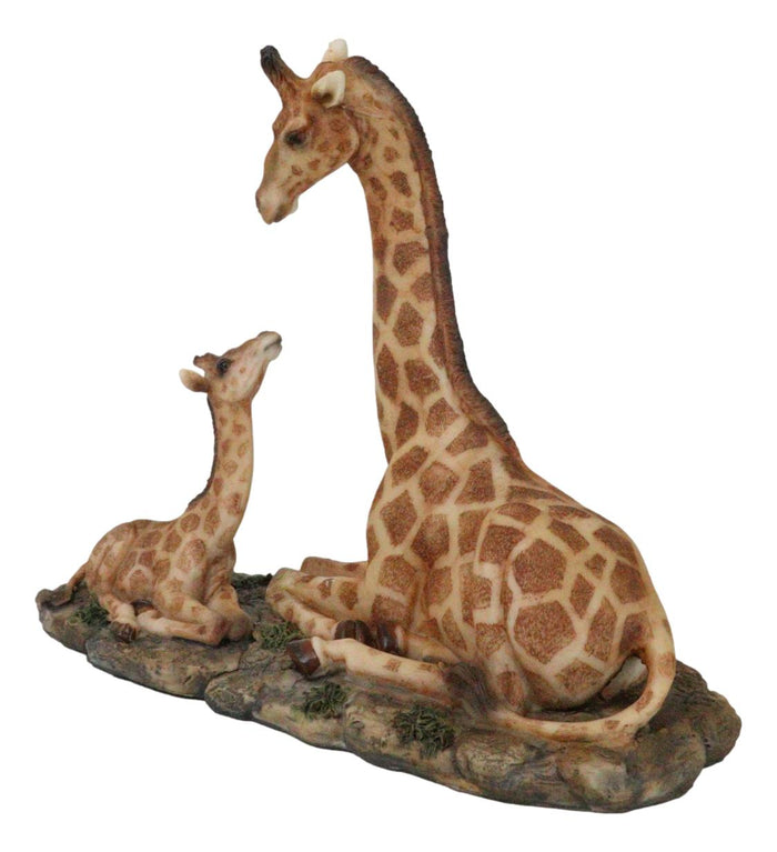 Safari Savannah Masai Giraffe Mother And Calf Sitting On Grasslands Figurine