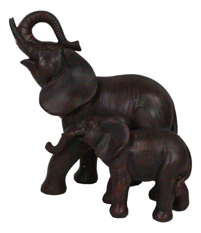 Safari Trunk Up Elephant Father And Calf Family Figurine In Faux Wood Finish
