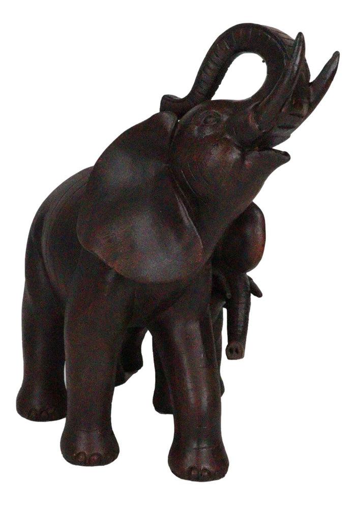 Safari Trunk Up Elephant Father And Calf Family Figurine In Faux Wood Finish