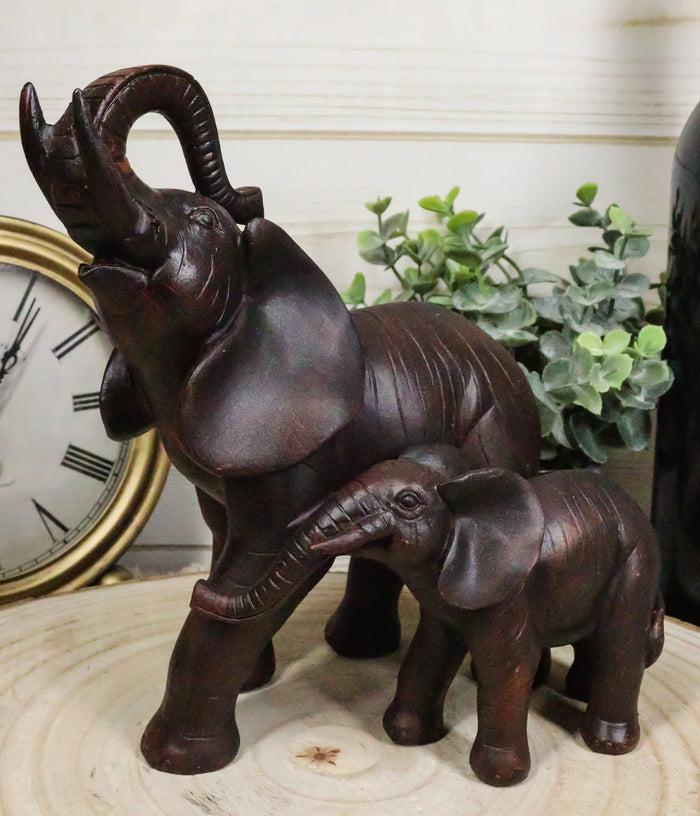 Safari Trunk Up Elephant Father and Calf Family Figurine In Faux Wood Finish