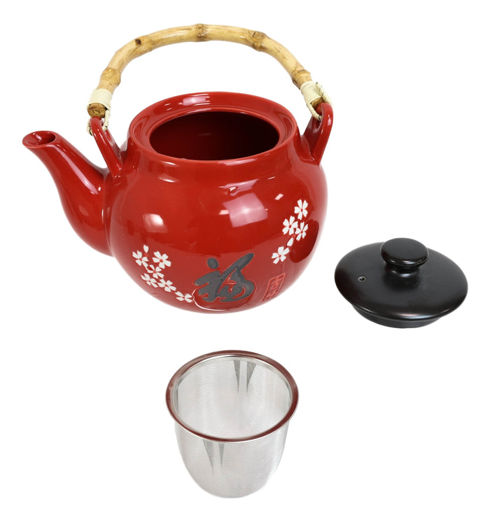 Sakura White Japanese Cherry Blossoms Porcelain Red Tea Pot 42oz And 4 Cups Set