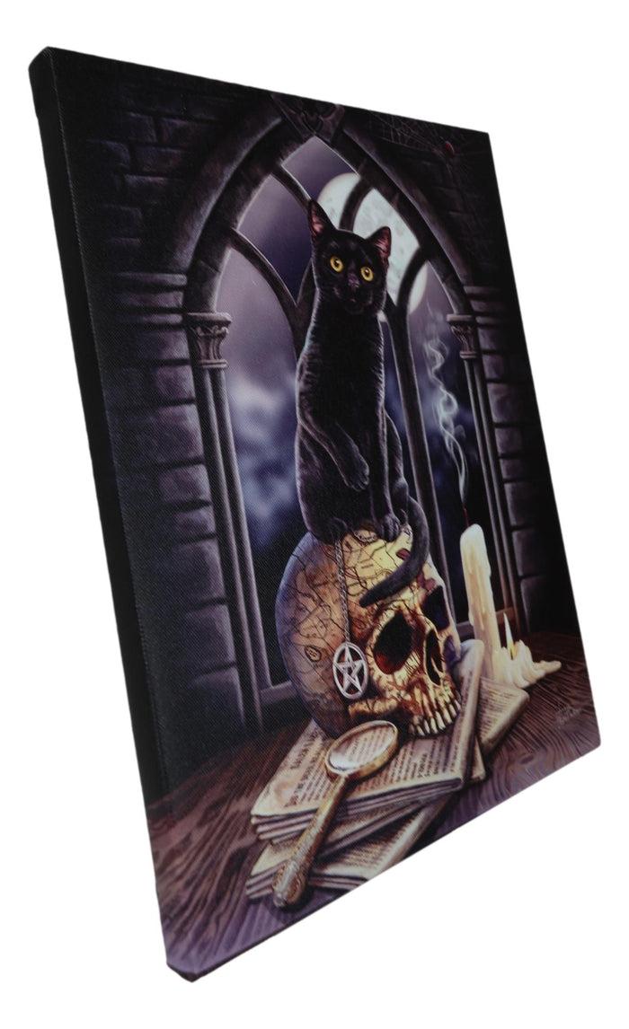Salem Witch Map Pentagram Skull With Black Cat Wood Framed Canvas Wall Decor